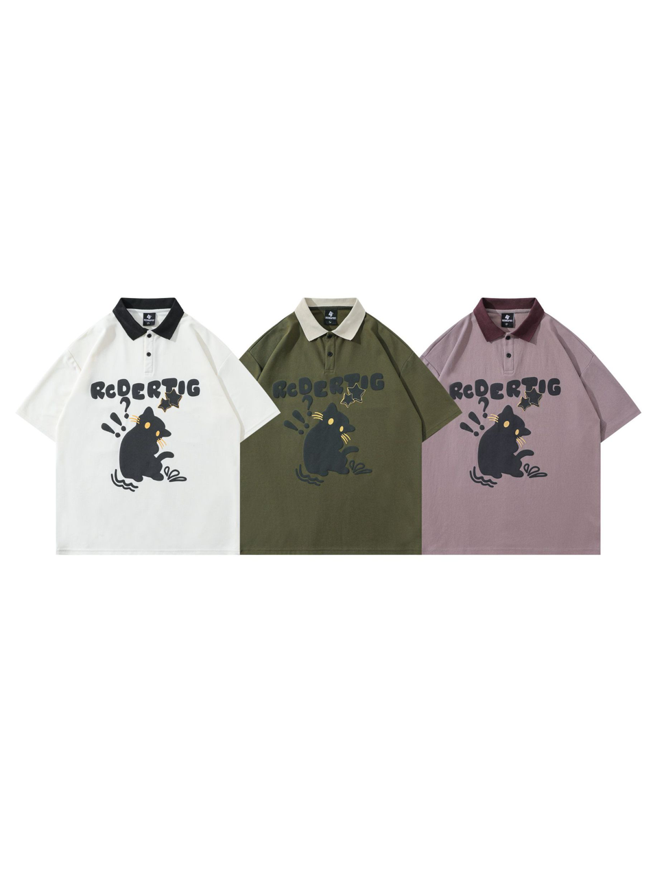 Camisetas de cuello polo con gráfico de gato Y2K
