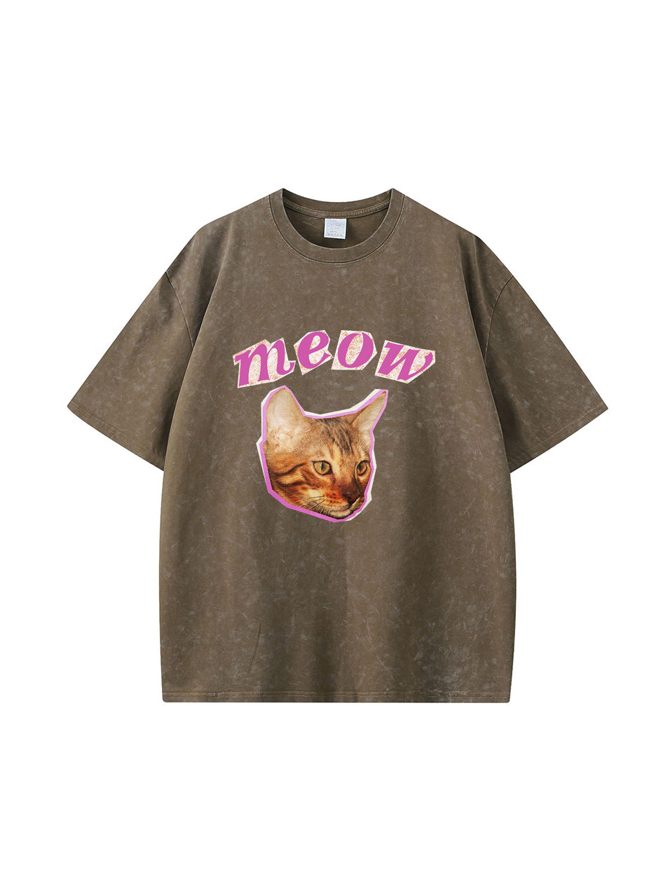 Camiseta de algodón lavado vintage con estampado de gato maullido