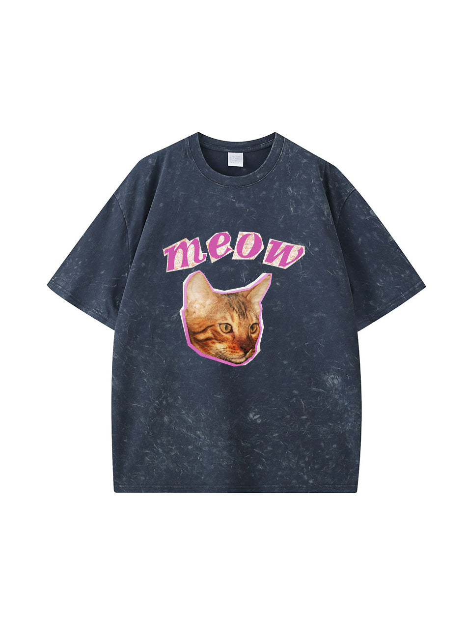 Camiseta de algodón lavado vintage con estampado de gato maullido