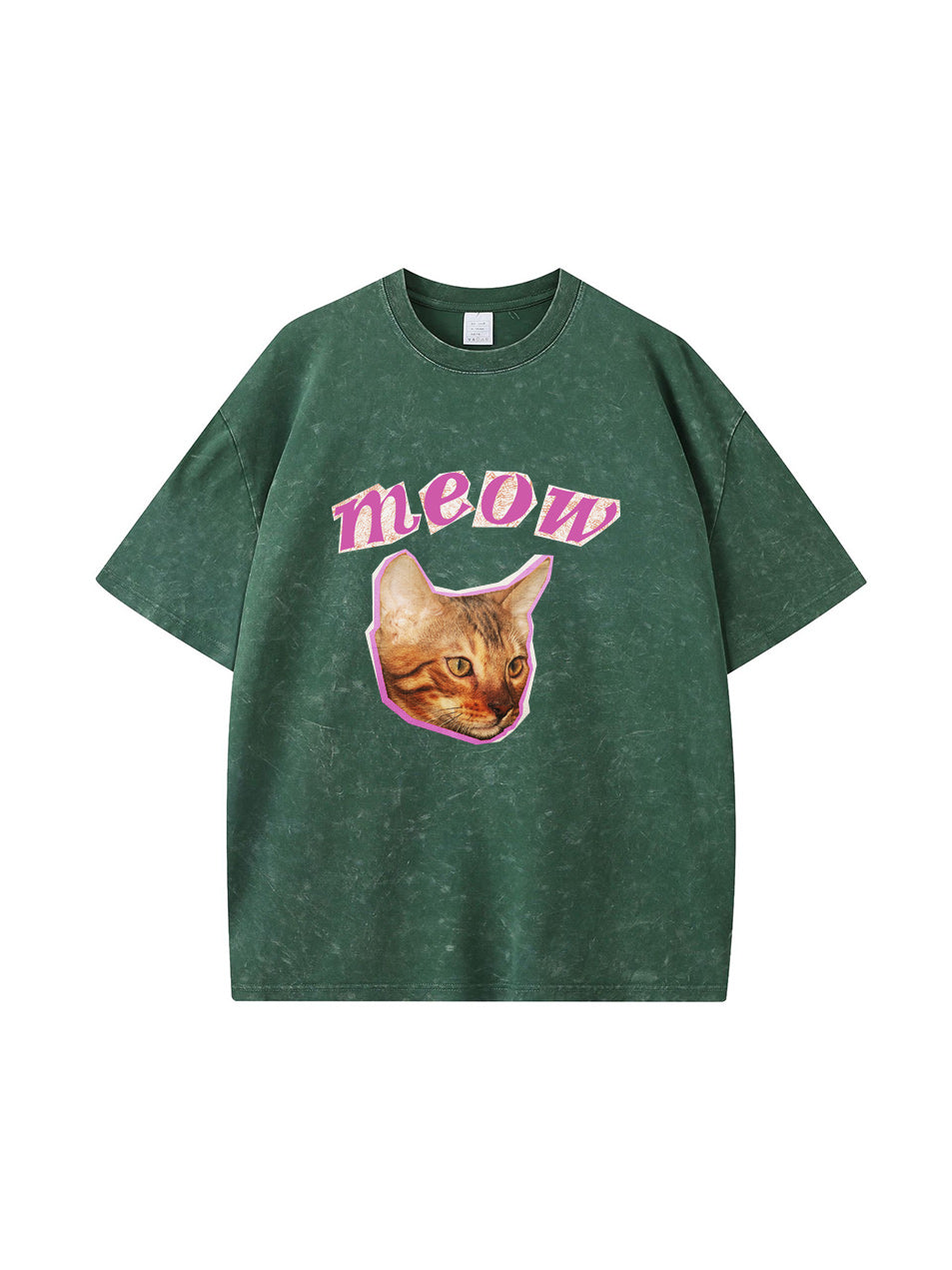 Camiseta de algodón lavado vintage con estampado de gato maullido