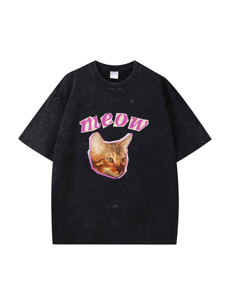 Camiseta de algodón lavado vintage con estampado de gato maullido